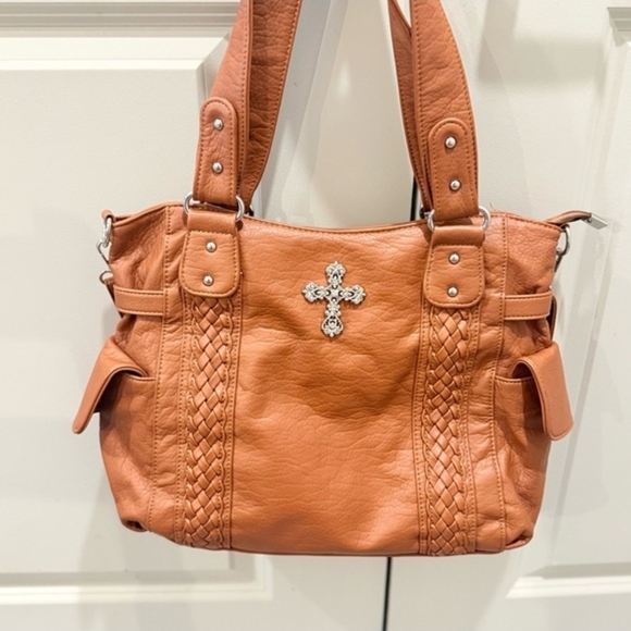 Women’s Tan Tote Bag with Decorative Cross - Picture 3 of 13